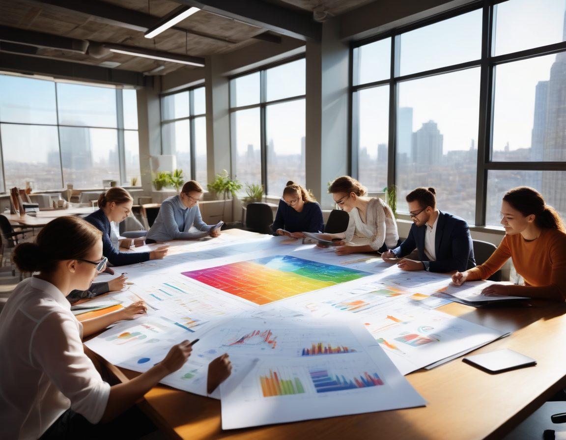 An inspiring scene depicting a diverse group of professionals collaborating around a large table filled with vibrant charts, books, and digital devices. The environment is bright and modern, featuring large windows that let in sunlight, symbolizing clarity and insight. The background is subtly adorned with images of landmark achievements in various fields, emphasizing performance excellence. Capture a sense of energy and commitment. super-realistic. vibrant colors. bright atmosphere.