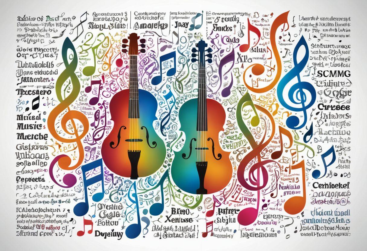 A colorful and intricate mind map showcasing various aspects of music theory, featuring treble clefs, musical notes, scales, and chord diagrams. In the background, a diverse group of people engaging with their instruments, exuding a sense of learning and collaboration. Brightly lit with a blend of musical elements and analytical charts, creating an inspiring atmosphere. super-realistic. vibrant colors. white background.
