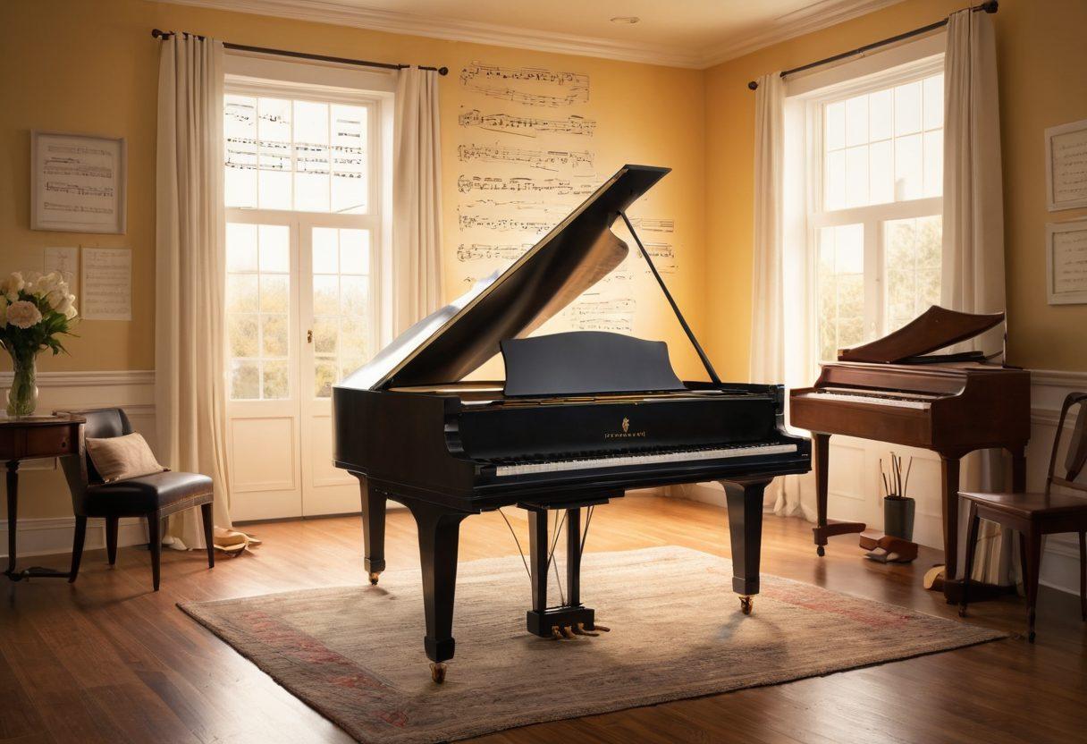 A serene music studio filled with various instruments like a grand piano, guitar, and sheet music scattered around. A soft, warm light illuminates a composer in deep thought, surrounded by notes flying through the air, symbolizing creativity and inspiration. Elements of sound waves and musical notations weave through the image, adding an abstract touch. The atmosphere should feel cozy and inviting to inspire creativity. super-realistic. vibrant colors. soft focus.